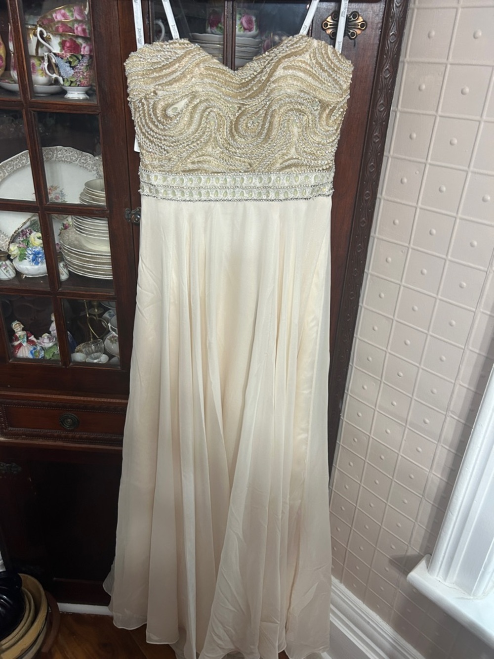 Tony Bowls Ivory Beaded Strapless Evening/Prom Gown